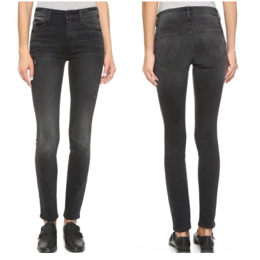 MOTHER High Waisted Looker Skinny Jeans in Wait Until Dark Washed Black